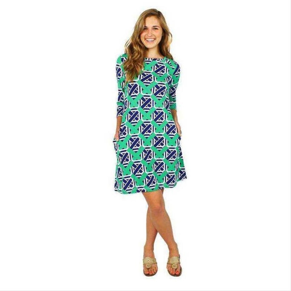Barbara Gerwit-Blue Collection Ribbons In Navy and Green Casual Dress